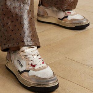 AUTRY Super Vintage distressed metallic leather and mesh sneakers